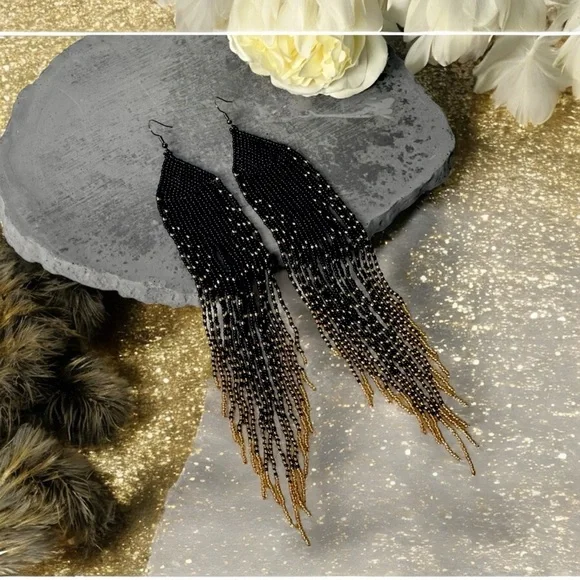 Dramatic Black and Gold Hand Beaded Cascade Earrings - Picture 7 of 16